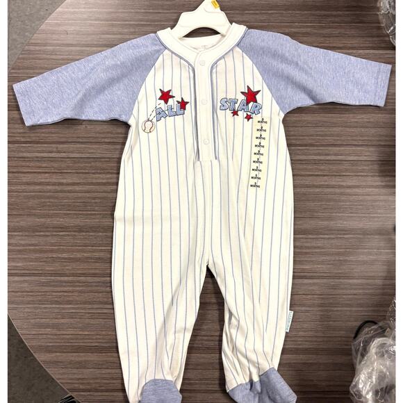Little Me Other - Vintage Little Me Sleeper Romper Boy Size 9M White Blue All Star Baseball Footed